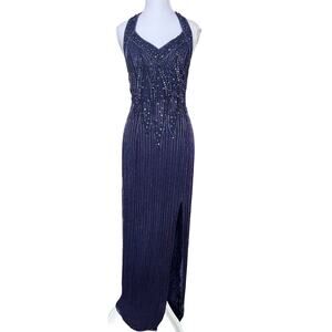 VTG Sean Collection 100% Silk Beaded Dress Navy Purple Halter Gown Prom Event S